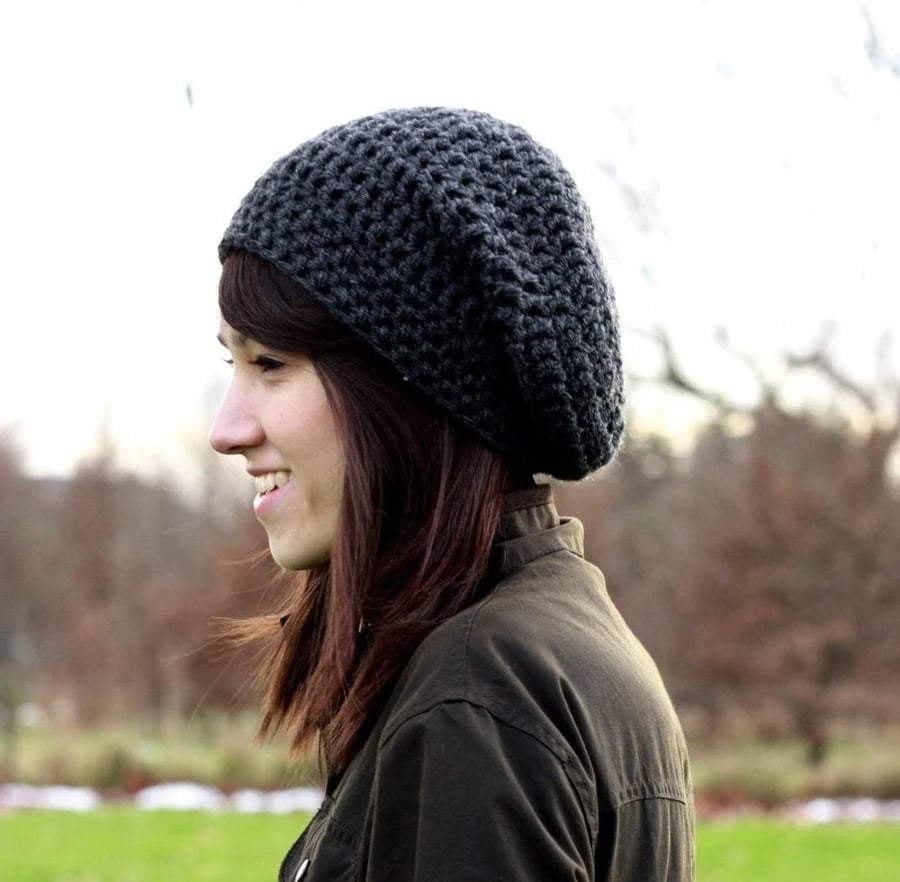 Women's Slouchy Beanie, Crochet Slouchy Beanie, Anthracite
