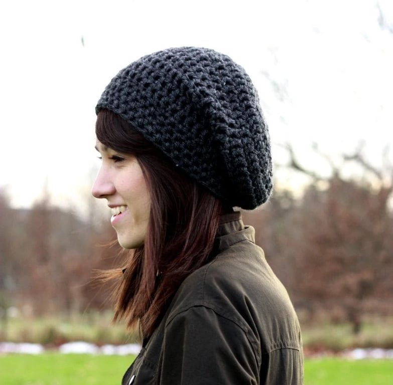 Women's Slouchy Beanie, Crochet Slouchy Beanie, Anthracite