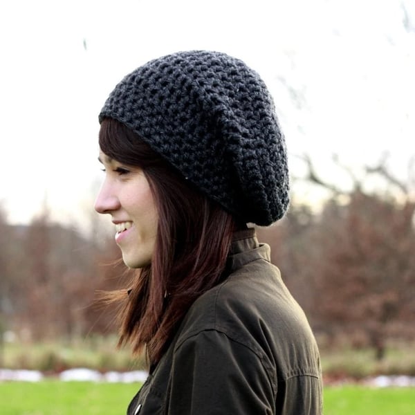 Women's Slouchy Beanie, Crochet Slouchy Beanie, Anthracite