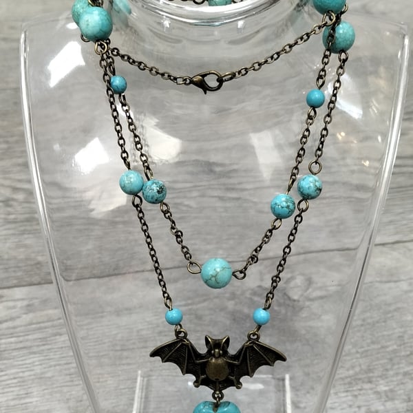 HN5 Double strand necklace with bat and turquoise beads