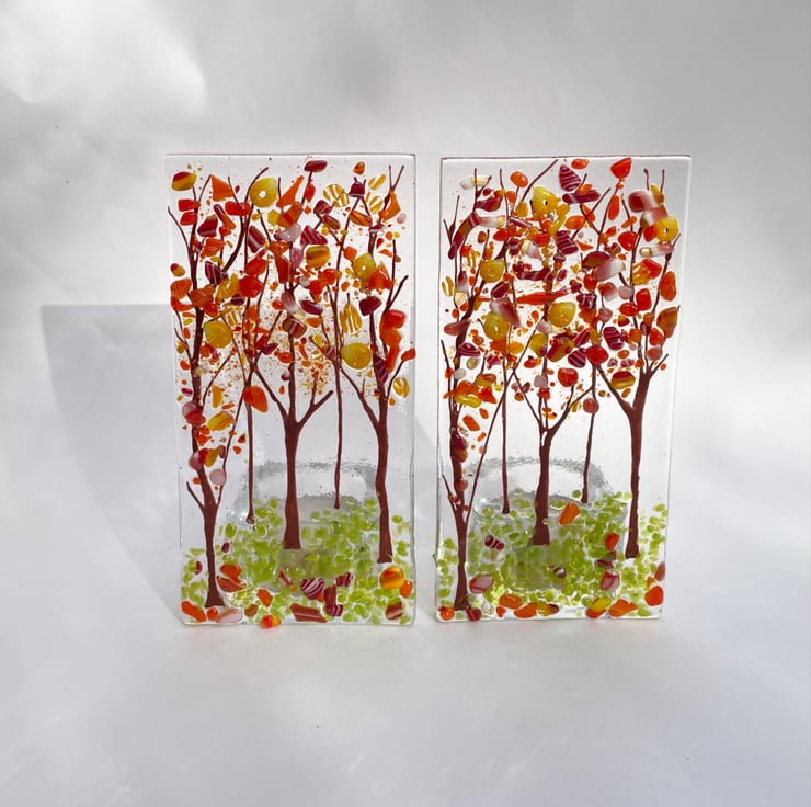 Fused Glass Autumn Trees Candle Holder Handmade... - Folksy