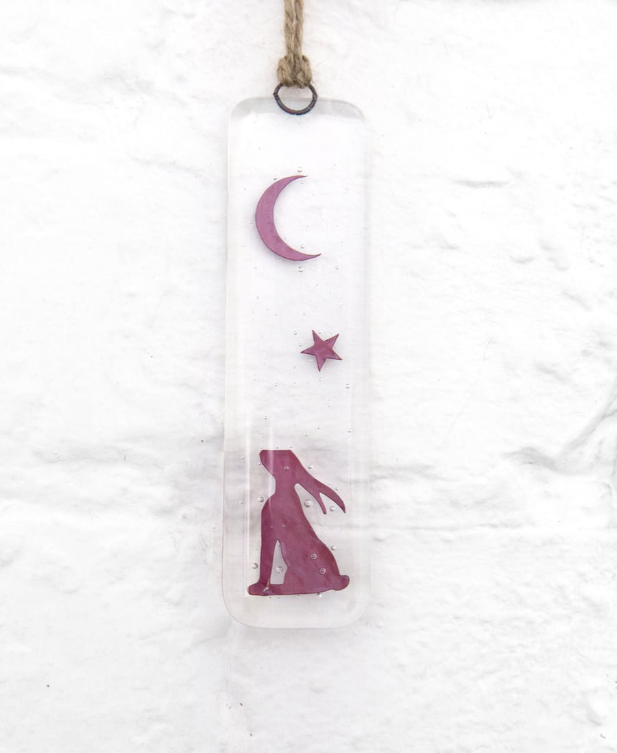 Moongazing Hare Fused Glass Dangle, wall art, window hanging, suncatcher
