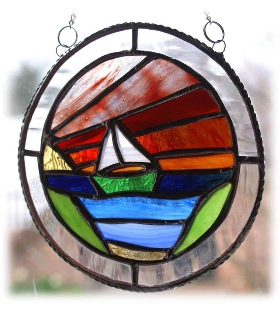 SOLD Sunset Sea Suncatcher Stained Glass Ring Sailing Boat