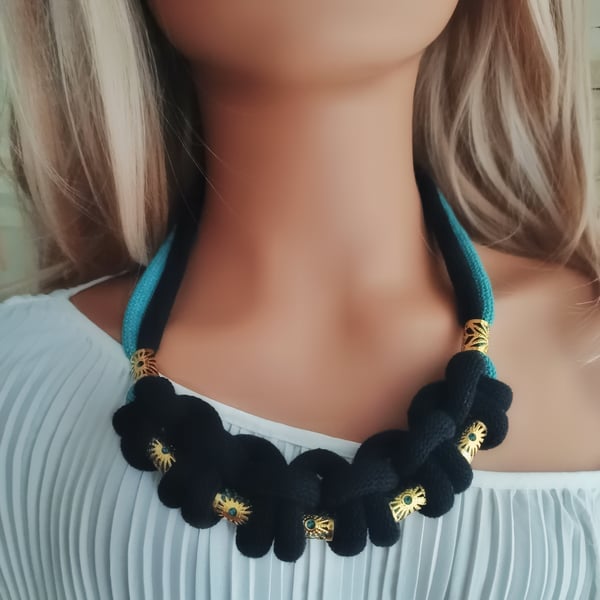 Rope Necklace, Turquoise, Black