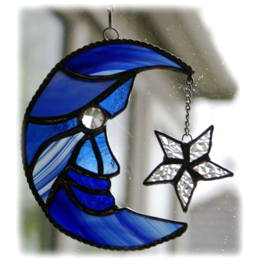 Moon and Star Suncatcher Stained Glass Blue