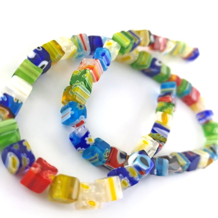 Millefiori Glass Mixed-Colour 6mm Faceted Cubes, Grade A, Lampwork Beads, 0.5mm 