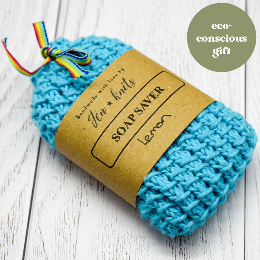 Hand knitted cotton soap saver - Turquoise - with Lemon soap