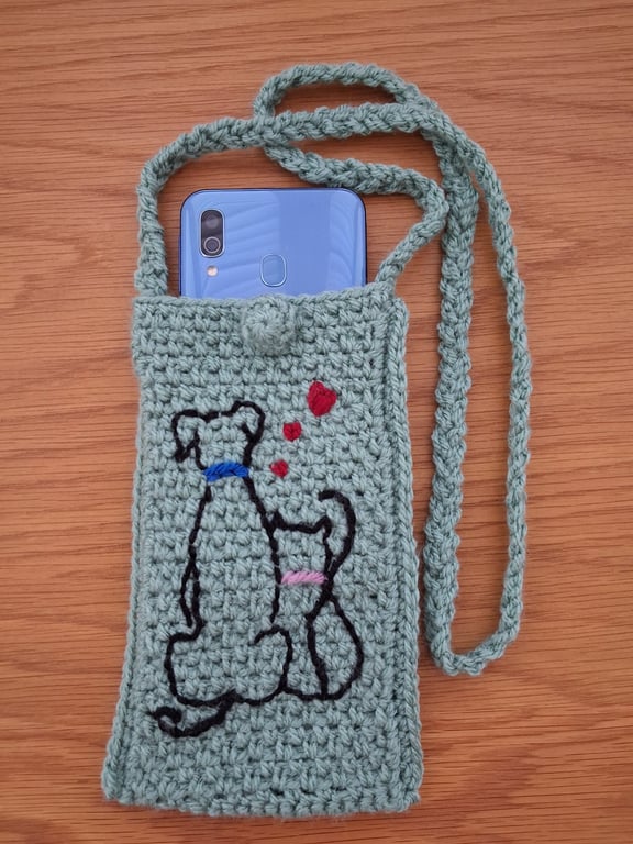 Sage Green Crochet Phone Or Glasses Bag With Embroidered Cat And Dog (J197)