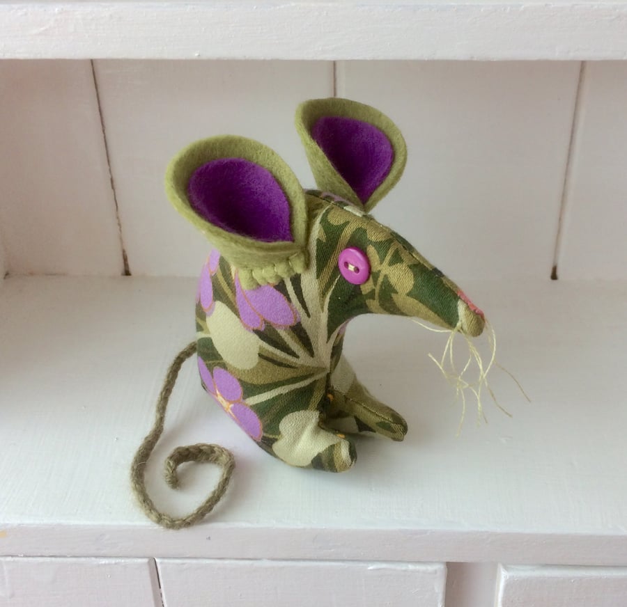 Cute Oregano is a Green Purple Retro Mouse in Floral 60s 70s Vintage fabri