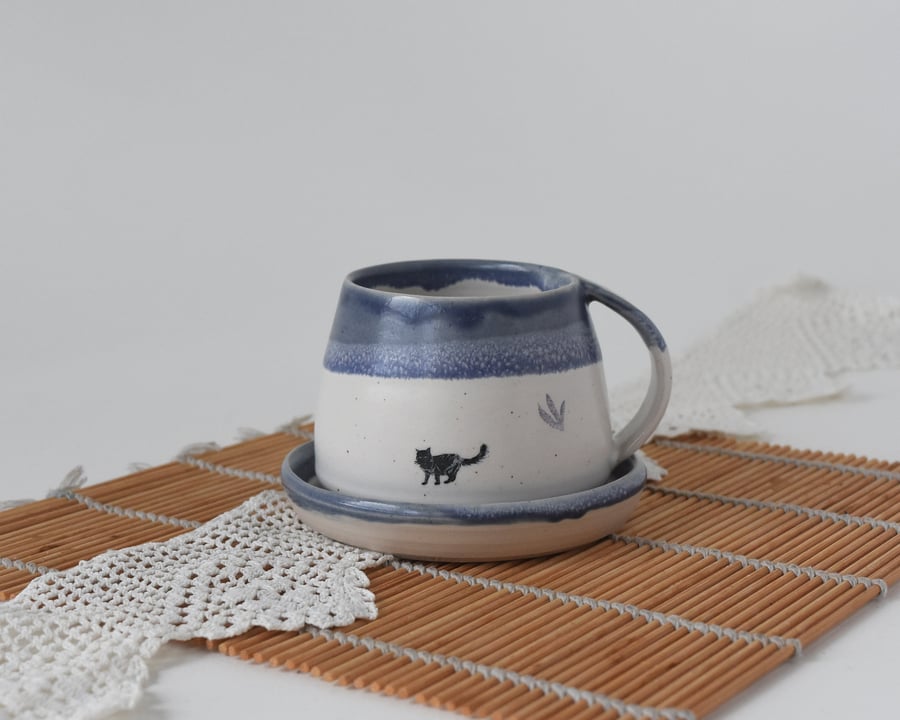 Handmade ceramic espresso coffee cup with cat - blue and white pottery