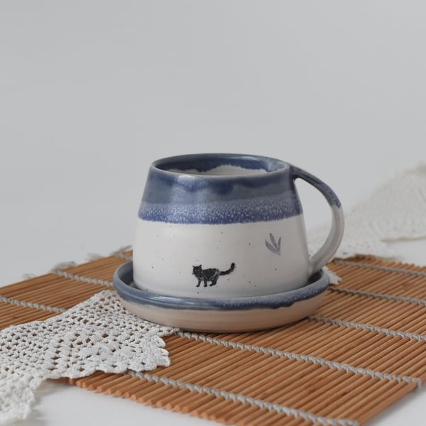 Handmade ceramic espresso coffee cup with cat - blue and white pottery