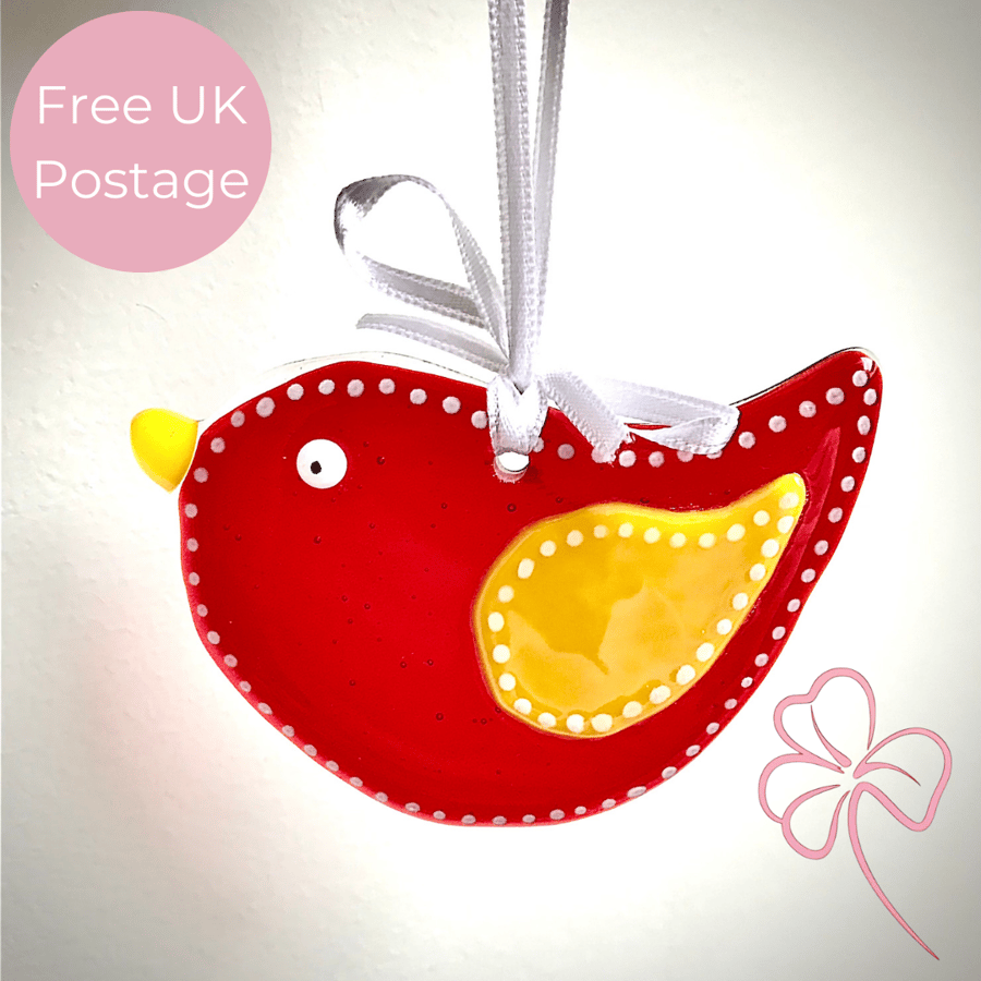 Red and Yellow Winged Glass Bird Hanging Decoration