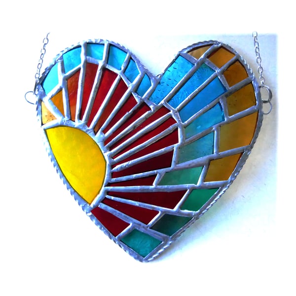 Sun Heart Suncatcher Stained Glass Sunset Sea Handmade 
