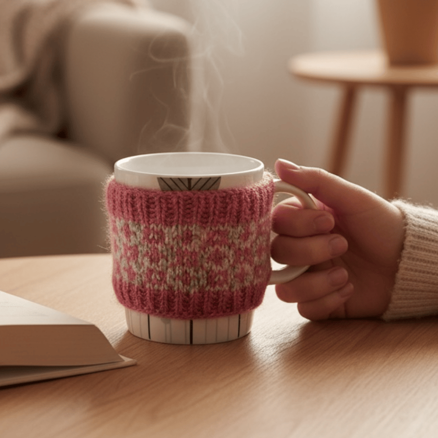 Pink Sheep mug hug , fair isle knitted cosy