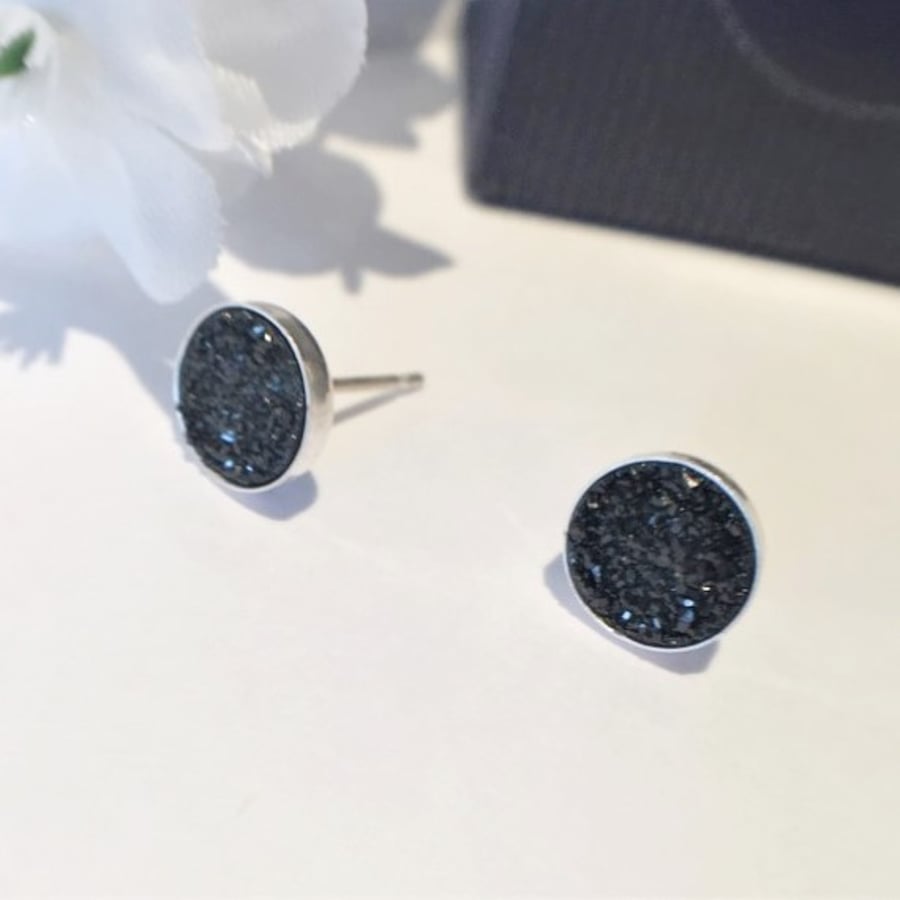 Black Druzy Cabochon Sterling Silver Stud Earrings