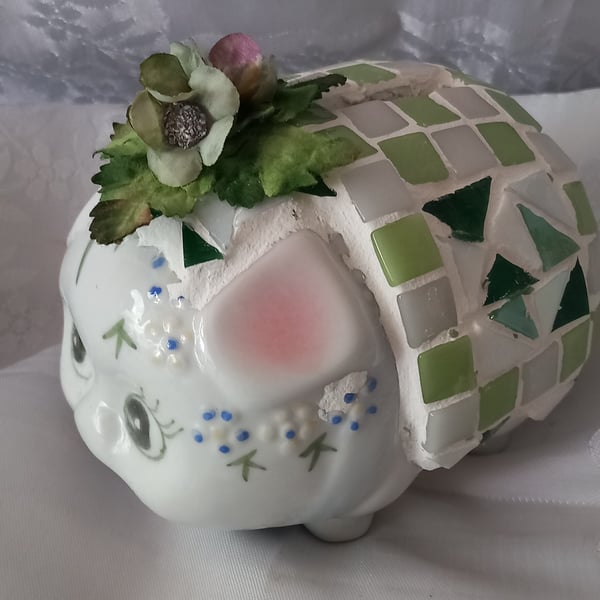 PIG in Blanket. Mosaicked money box, Piggy Bank. Collectable and fun.