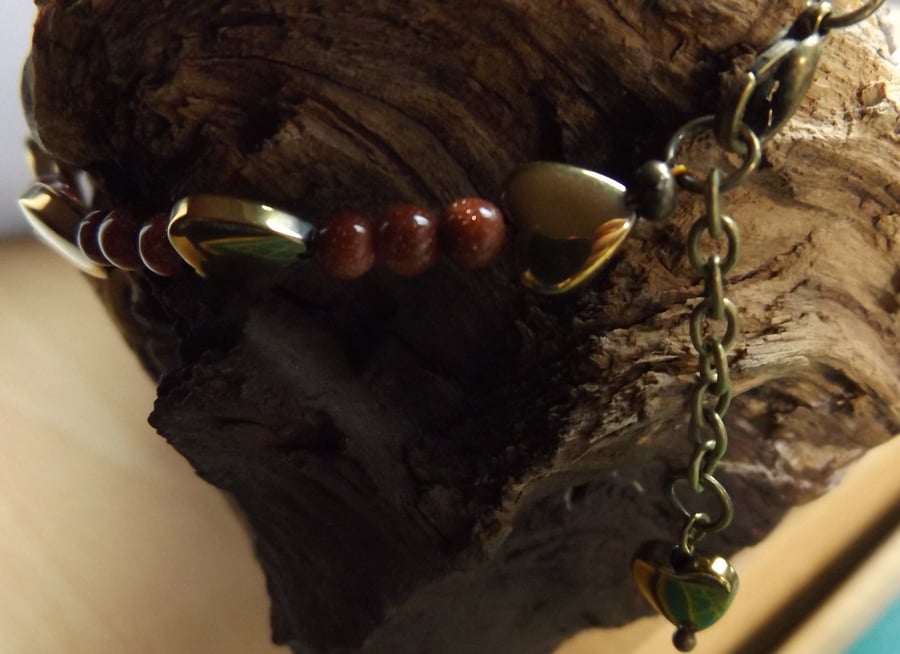 Goldstone and gold hematite heart bracelet