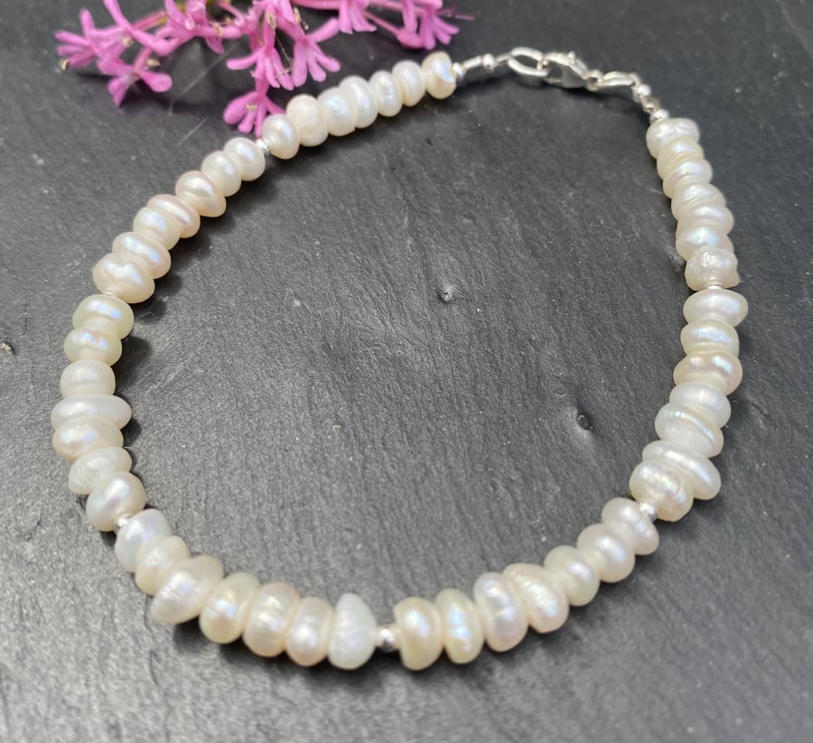 Button Pearl & Sterling Silver Bracelet
