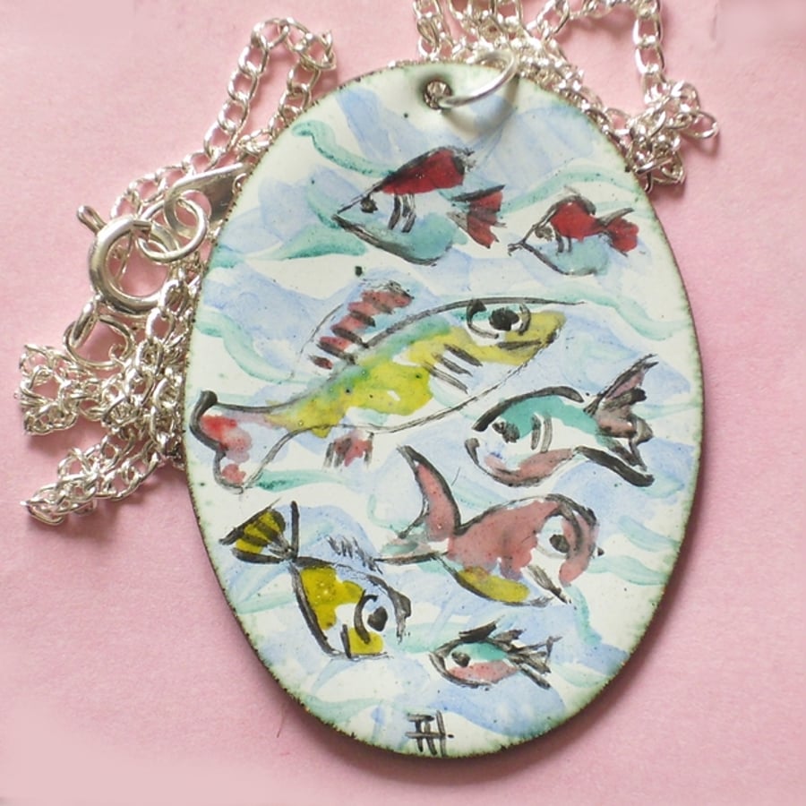 Fish - large painted enamel pendant
