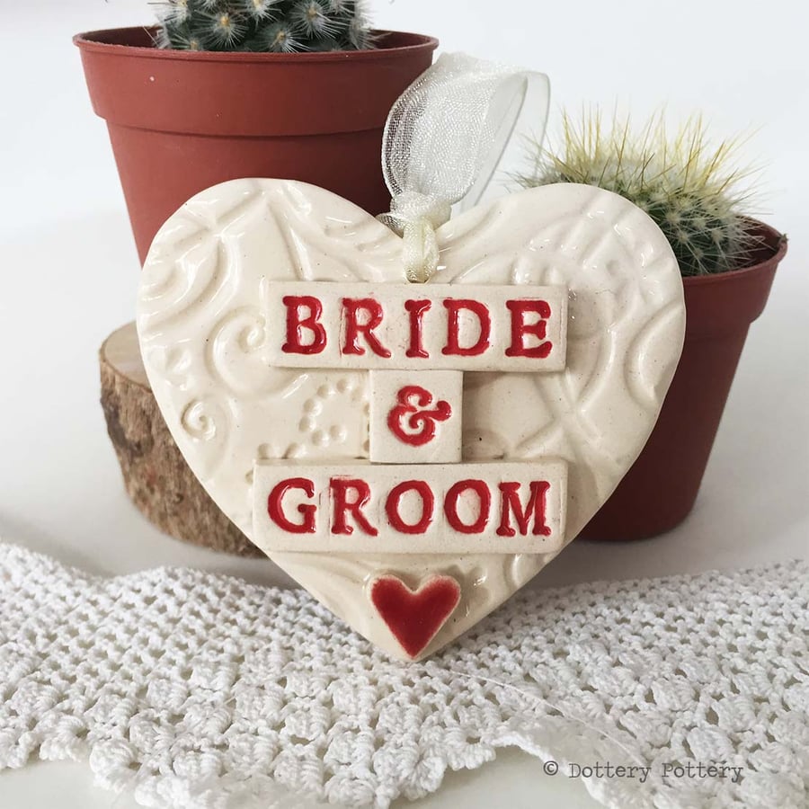 Wedding gift Pottery heart decoration gift tag Just Married bride and groom