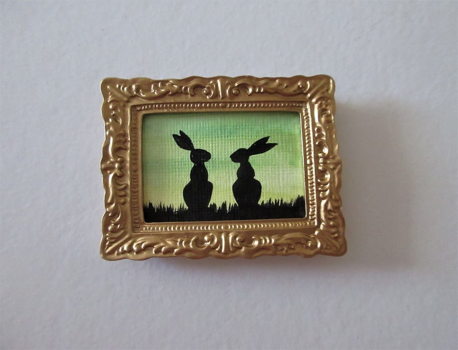 Doll House Miniature Original Painting Framed with Bunny Silhouette Rabbit 