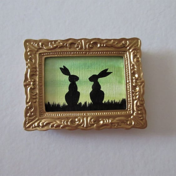 Doll House Miniature Original Painting Framed with Bunny Silhouette Rabbit 