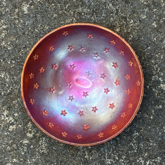 Flame painted copper bowl with hand stamped detail, 7th wedding anniversary gift