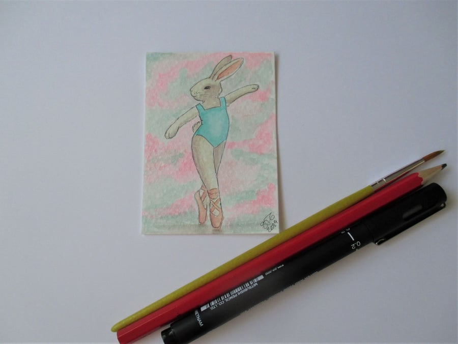 ACEO Bunny Rabbit Ballerina Ballet Dancing Bunny Rabbit Original Painting 014