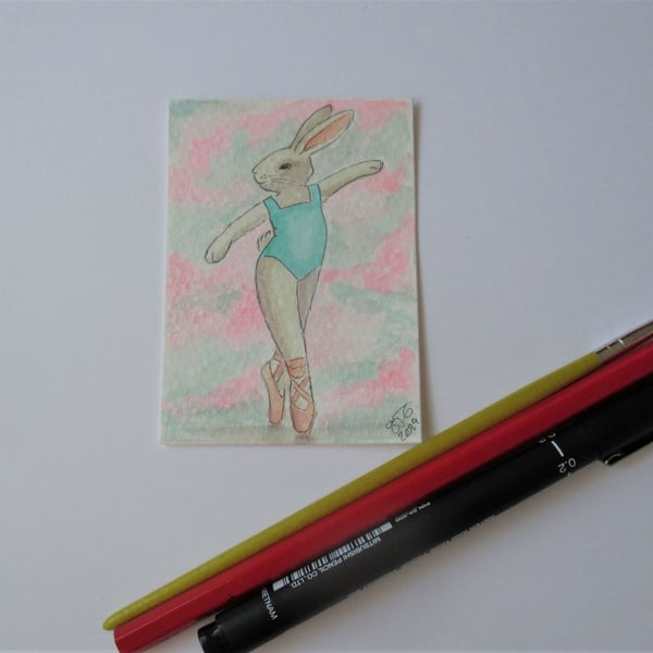 ACEO Bunny Rabbit Ballerina Ballet Dancing Bunny Rabbit Original Painting 014