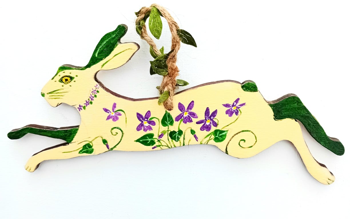 Violet hare  on wood  in cream and dark green