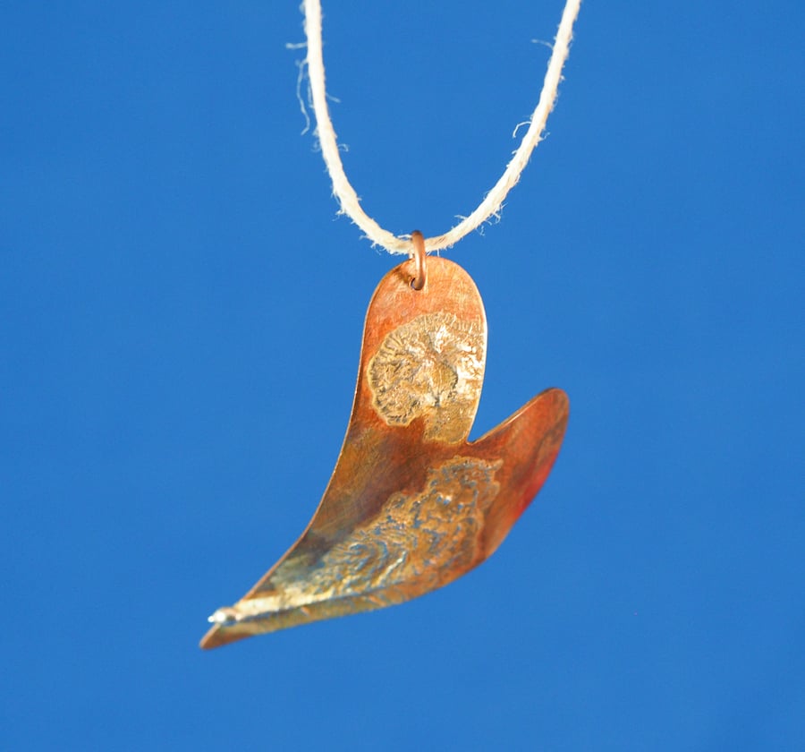 Plume and Flower Heart Copper and Silver Pendant