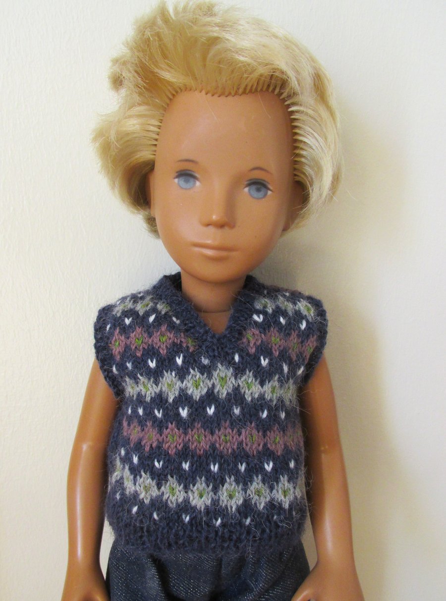 Hand Knitted Sleeveless Sweater for Sasha Doll, Fair Isle Pattern Jumper