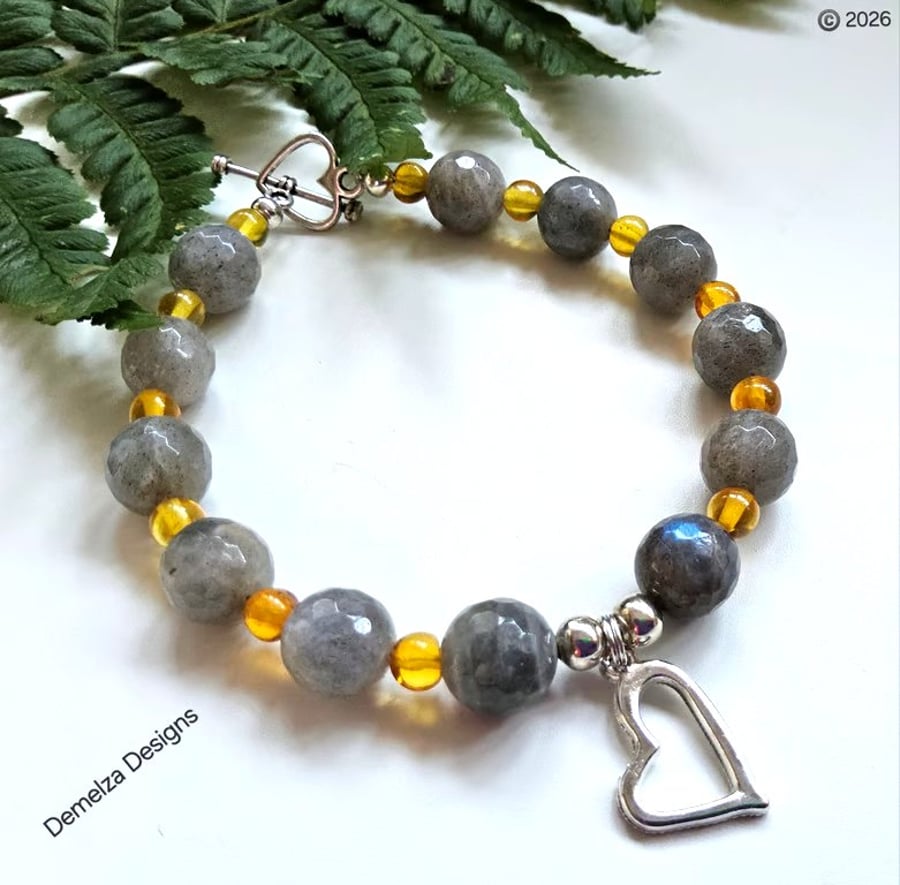 Designer Natural Untreated Labradorite & Baltic Amber Heart Bracelet 