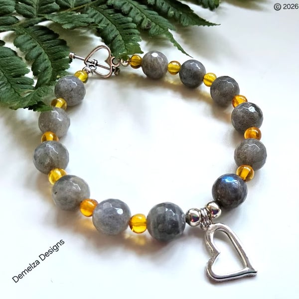Designer Natural Untreated Labradorite & Baltic Amber Heart Bracelet 