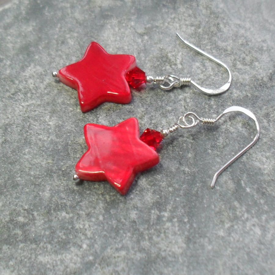 Red Shell Star Sterling Silver Drop Earrings Christmas