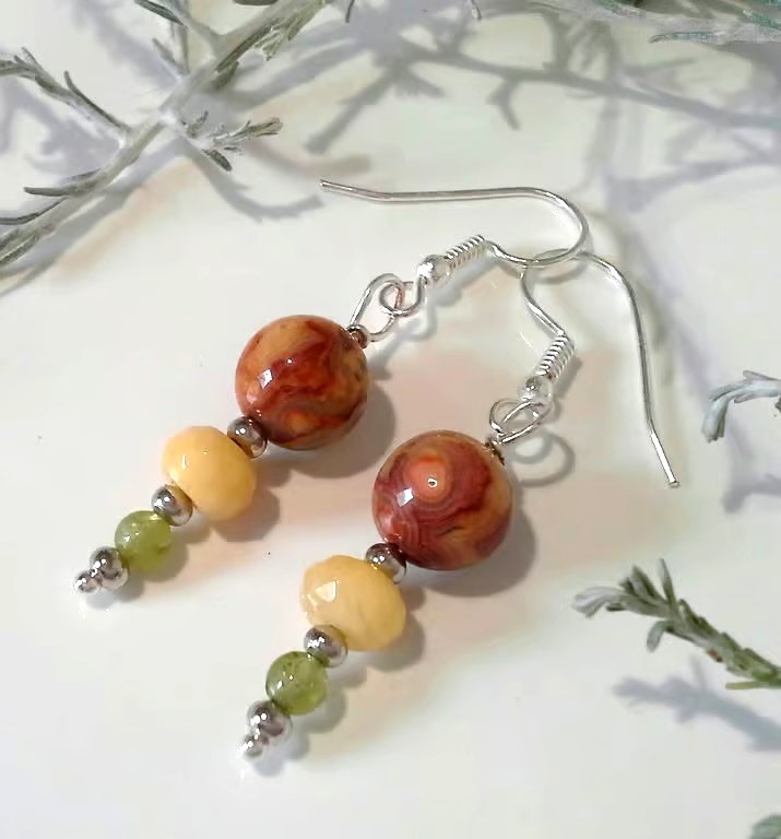 Agate, Peridot & Faceted Jade Earrings Silver Plate