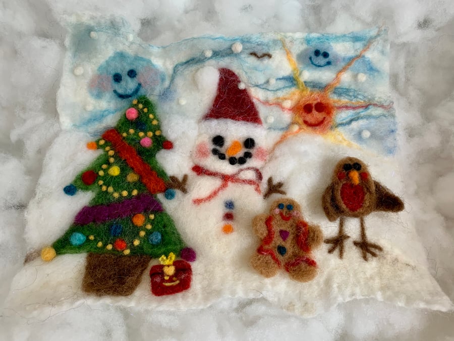 Wet Felted & Needle Felted Christmas Handmade Picture, Wool Picture Fibre Art 