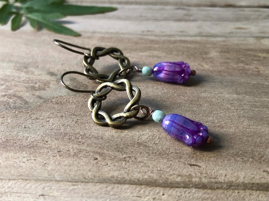  Boho Spring Summer Bronze Circle Purple Flower Dangle Earrings