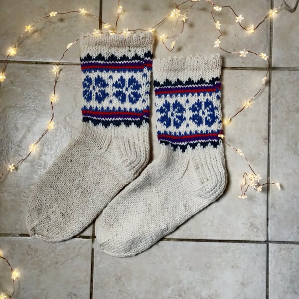 Thick white wool socks blue red traditional fairisle pattern christmas scandi