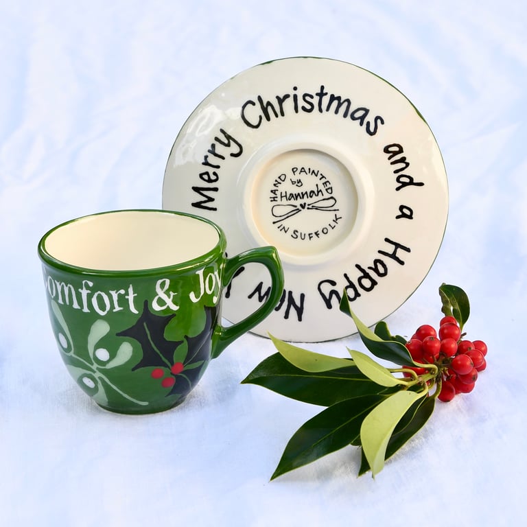 Holly and Mistletoe Cup and Saucer with wording - Hand Painted