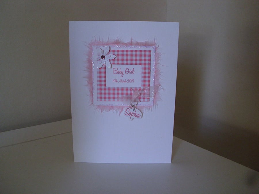 Baby Girl Gingham Personalised Card - A6 Card - Birth - New Baby