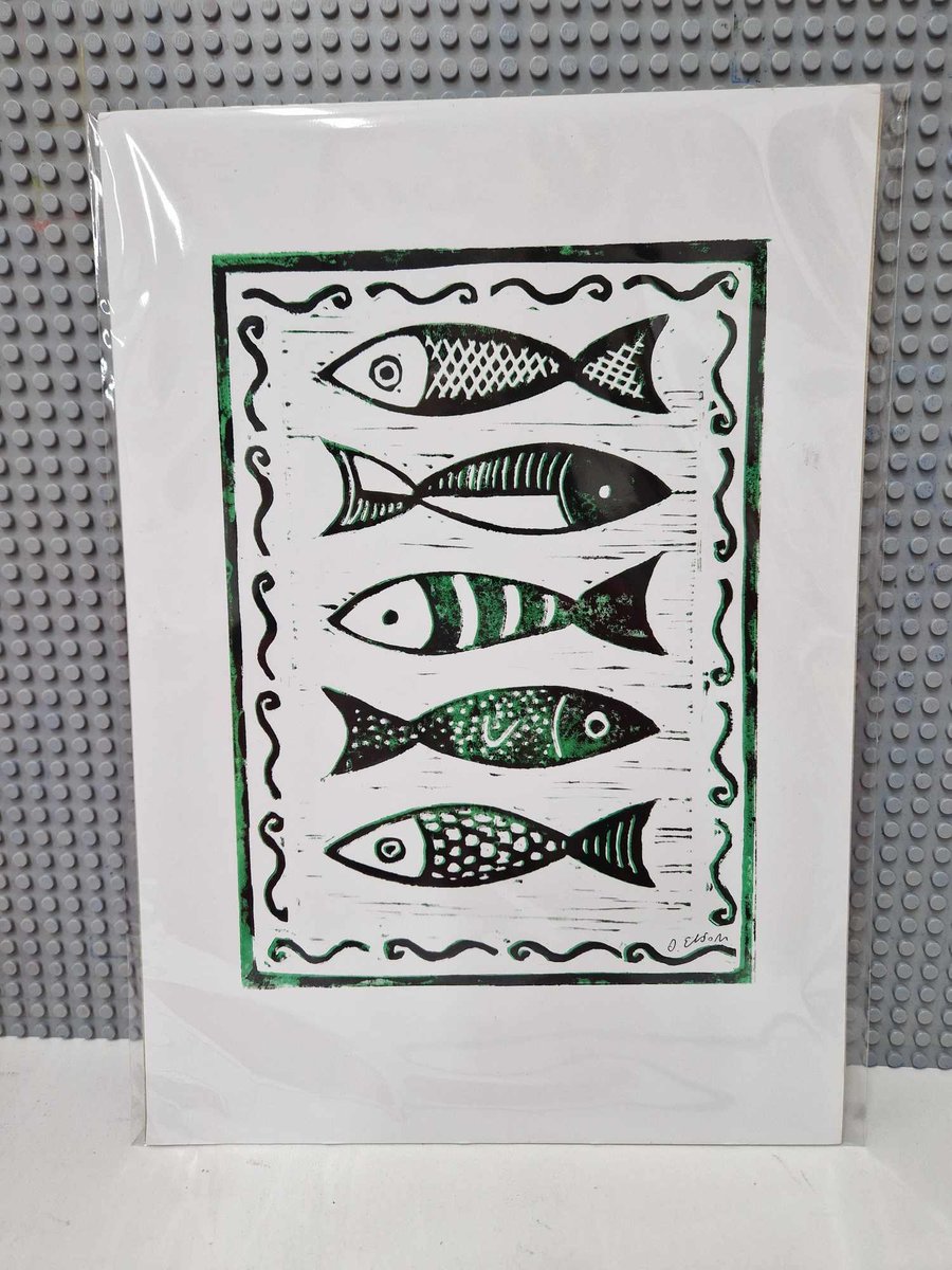 A4 Five Fish lino print. A4 hand printed. 