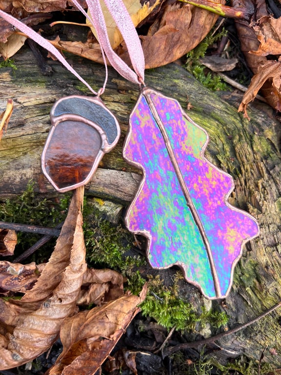 Stained glass acorn and oak leaf decoration gift set me