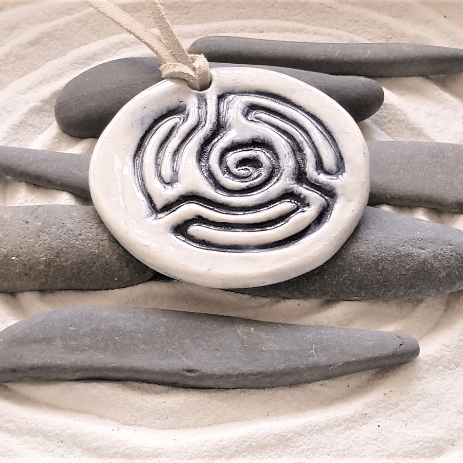 Ceramic pendant, a portable finger labyrinth jewellery white clay and cobalt 02