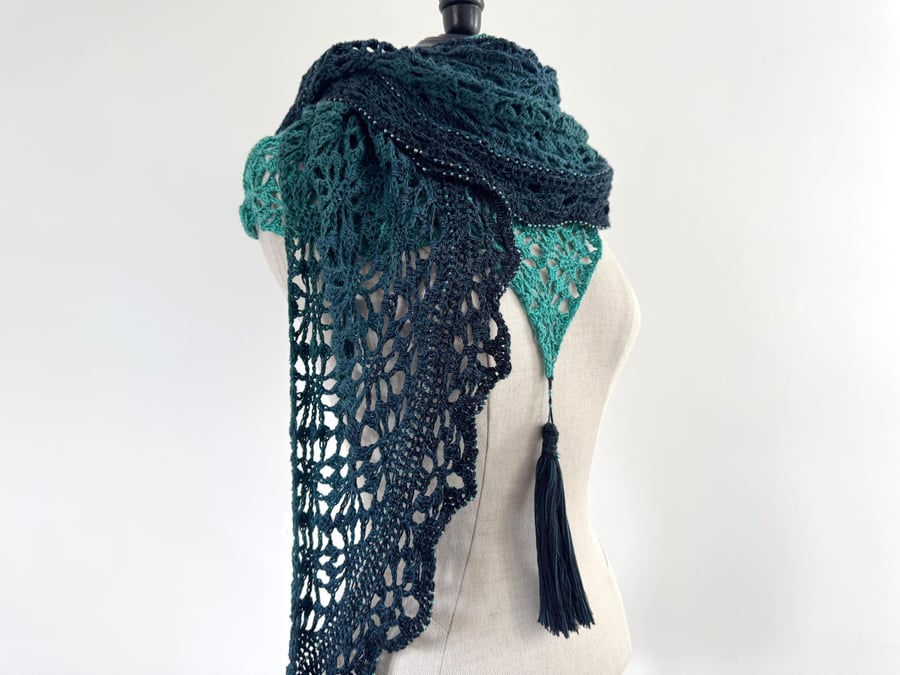Crochet Wrap with beads and tassel.