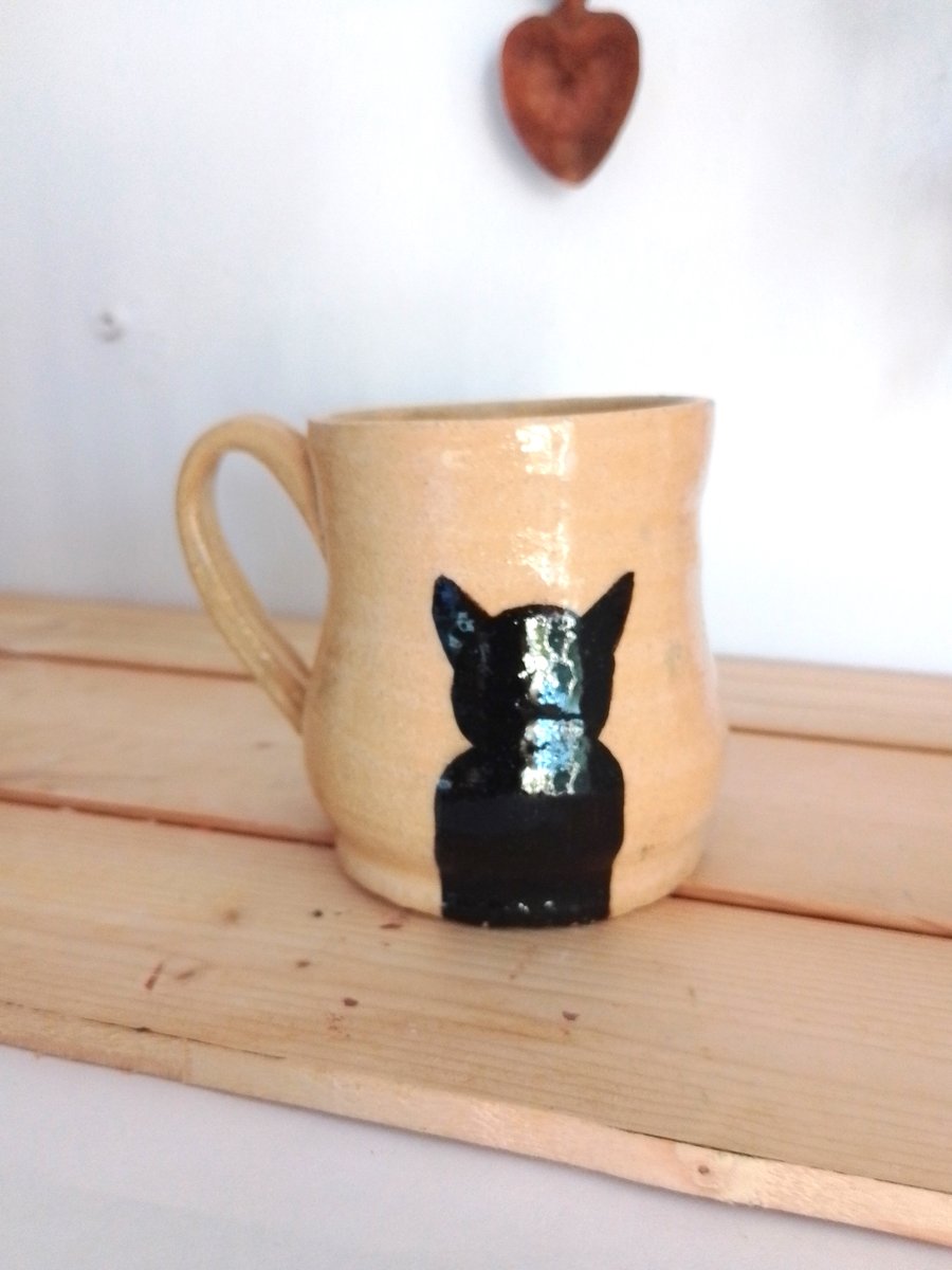 Quirky, humerous Pottery cat Mug, ceramic mug, hand made Black Cat Silhouette