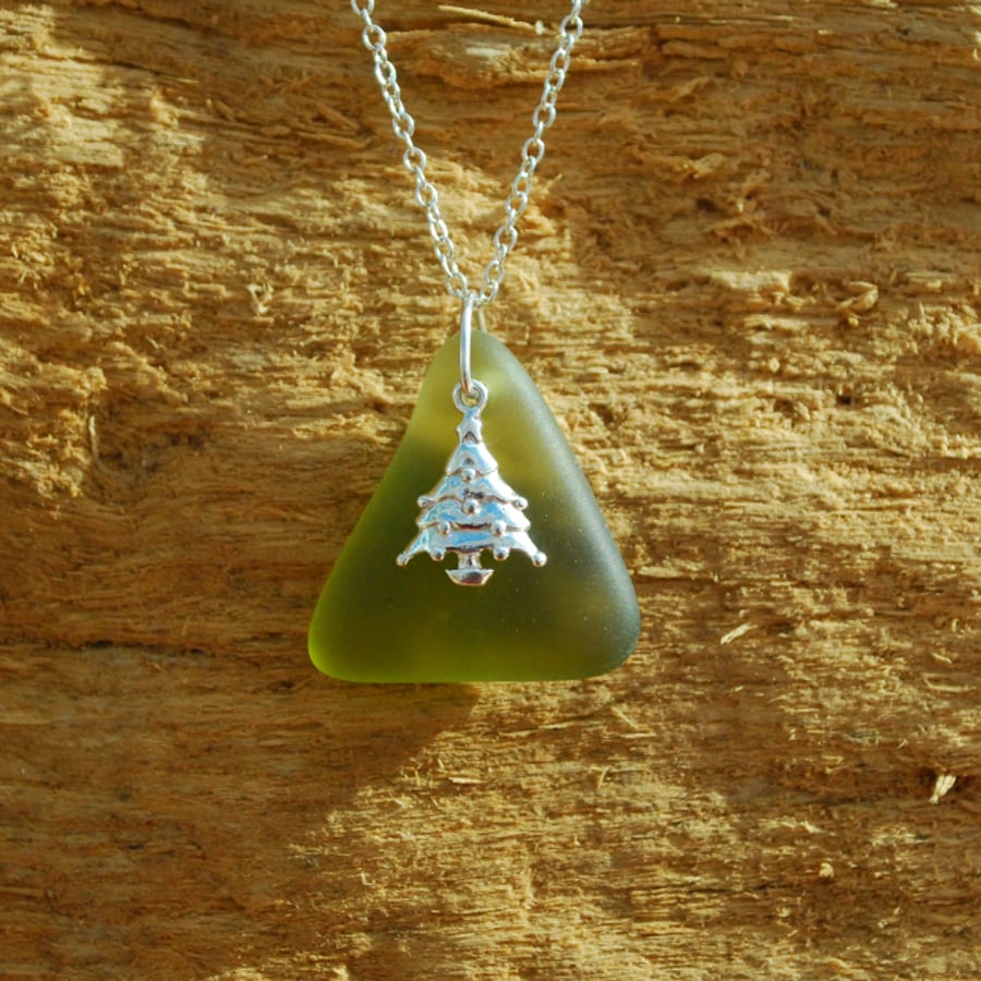 Olive beach glass pendant with Christmas tree charm