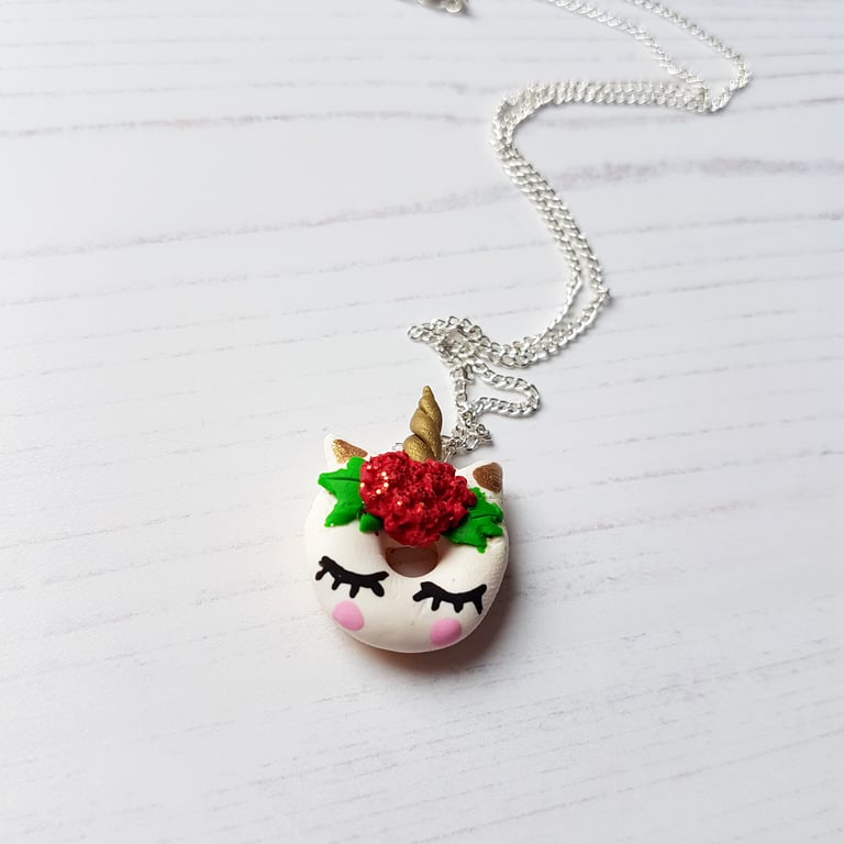 Christmas version Unicorn Doughnut necklace magical, fantasy, baking, gift