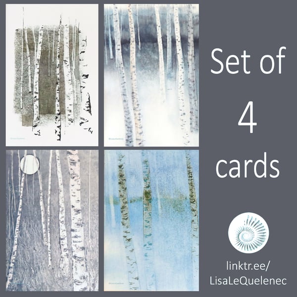 Silver birch tree designs set four blank art greeting cards bundle plastic free