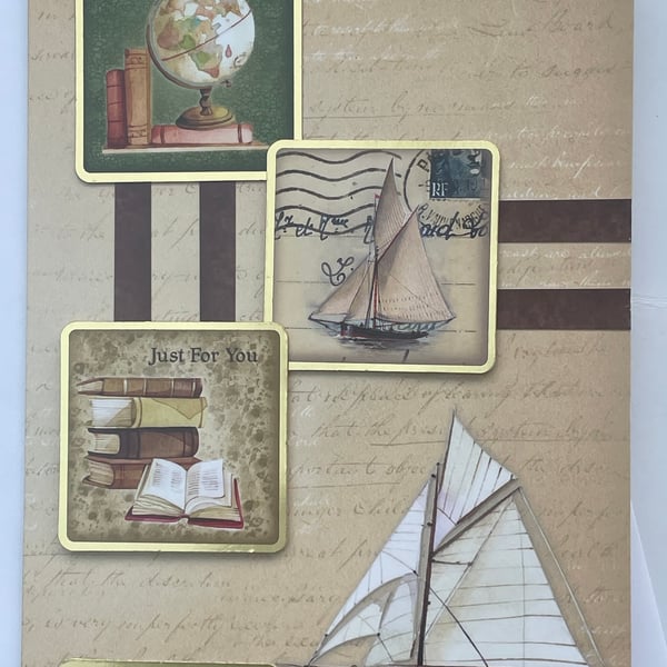 Vintage yacht and globe classic design birthday card